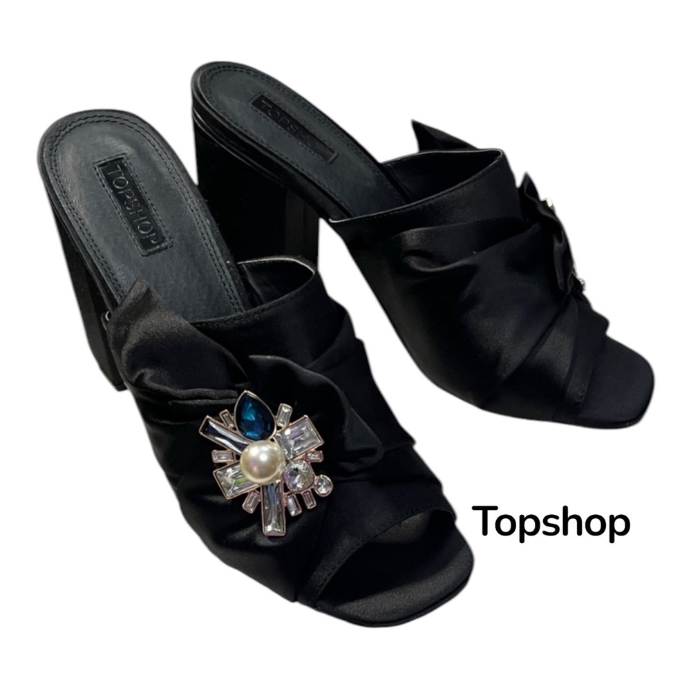 EUC Topshop Black Satin Mules with Jewel Embellishments - Picture 1 of 16